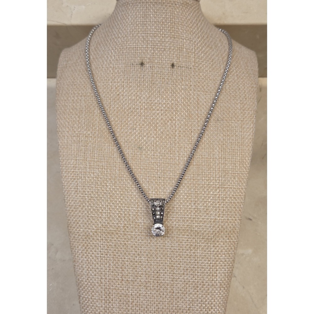 Vintage Sterling Silver Marcasite & CZ Pendant 16" Sterling Popcorn Chain